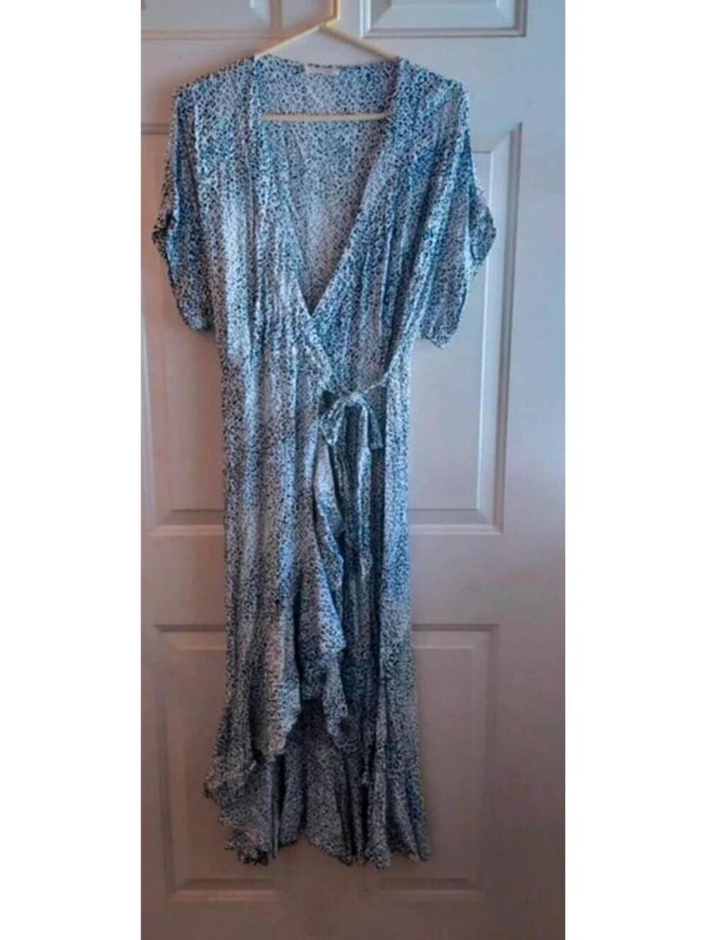 LoveStich Blue and White Leopard Print Wrap Dress